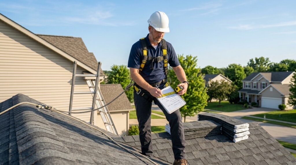 Homeowner measuring roof to calculate how many shingles are needed
