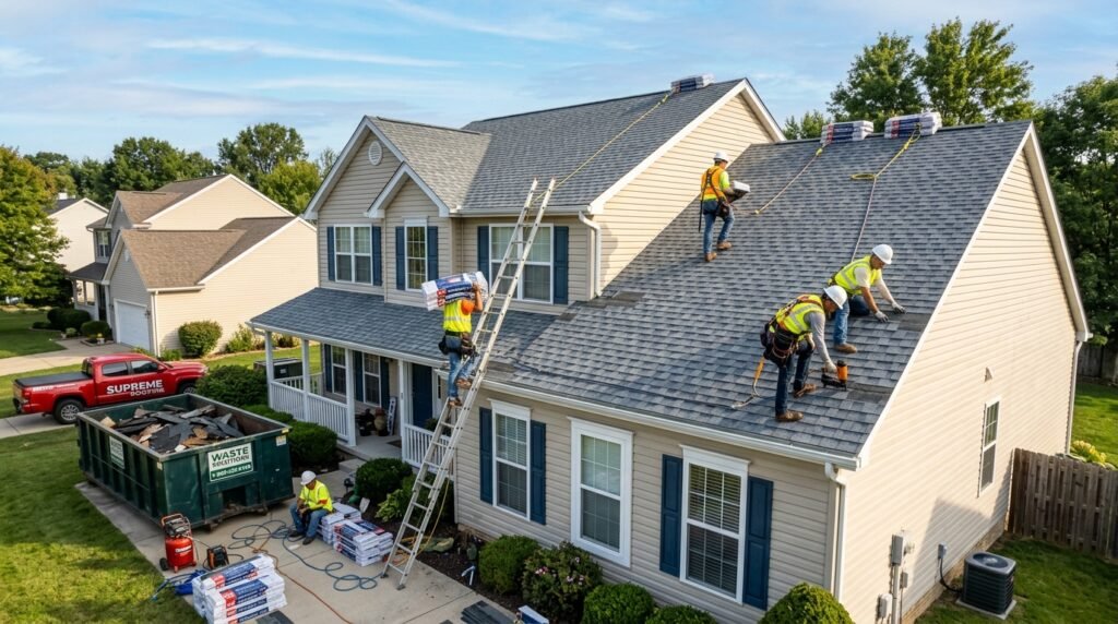 Roofing crew installing new asphalt shingles during a roof replacement