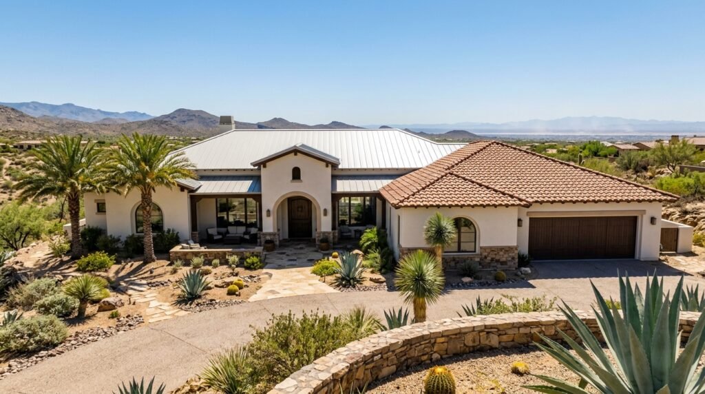 Home with reflective metal and clay tile roof in a hot desert climate