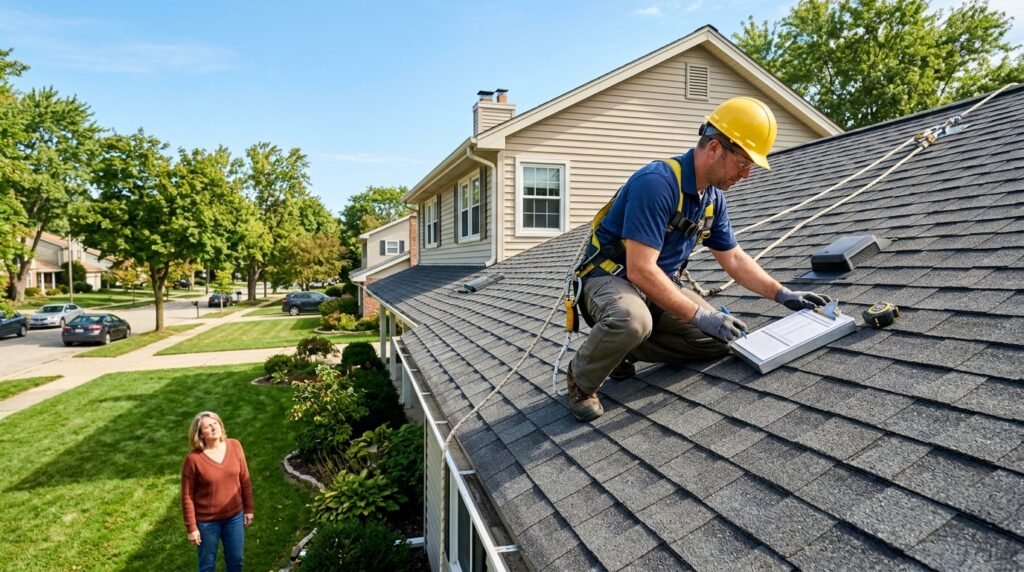 Roofer inspecting shingles to estimate roof repair cost