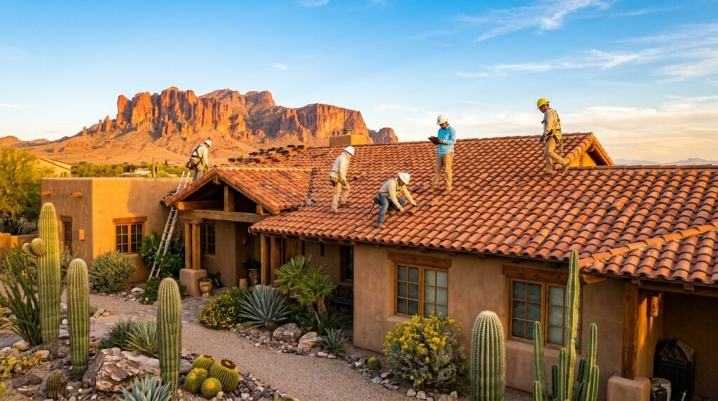 Roofers inspecting a clay tile roof on an Arizona home under desert sun
