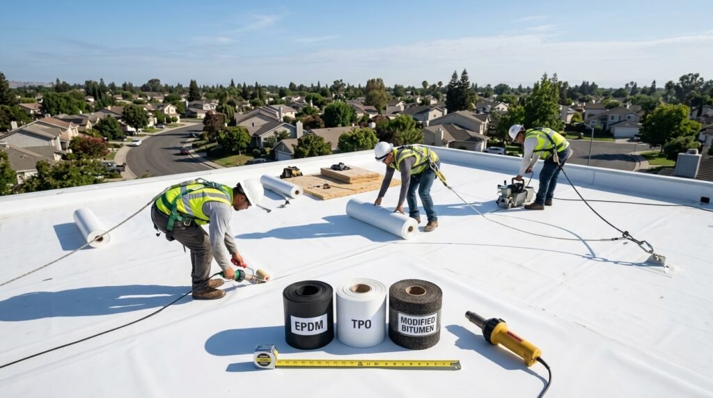 Roofers installing a TPO flat roof next to EPDM and modified bitumen samples