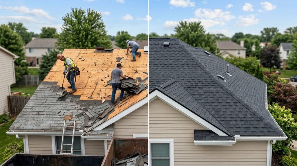 New roof vs roof-over comparison showing a tear-off and a fresh shingle installation