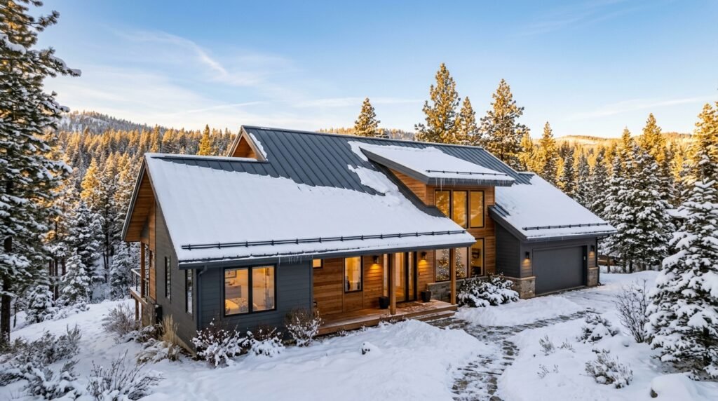 Metal roof shedding snow on a home, one of the best roofing materials for cold climates
