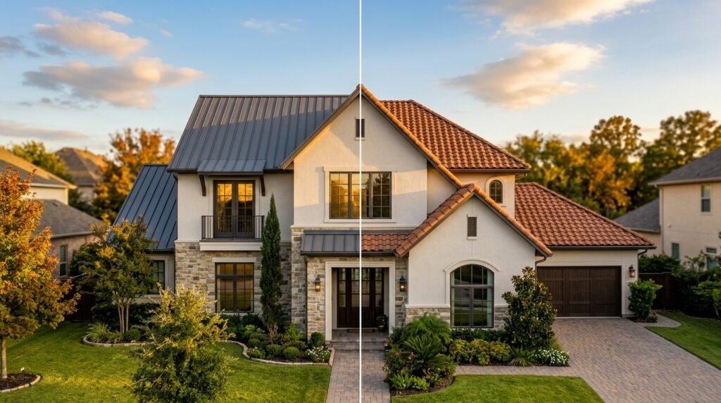Home split between a standing seam metal roof and a clay tile roof for comparison